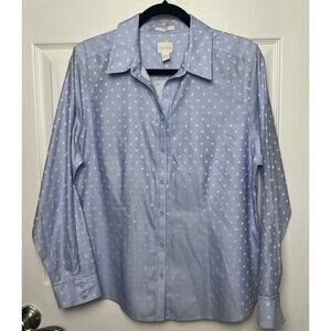 Chico's Women's Long Sleeve Button Up Light Blue Polka Dot Shirt Size Large